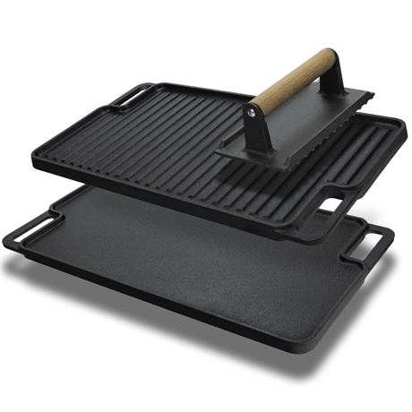 Cast Iron Griddle/Grill Reversible Combo Set + Protective Mitts, Grill Press &