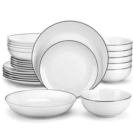 MALACASA 24-Piece Gourmet Porcelain Dinnerware Sets, Modern White with Black