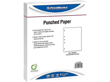 PrintWorks Professional Pre Punched Paper, 5 Hole Punch Left For 2 Ring & 3