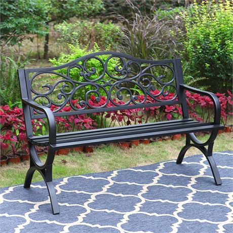 MFSTUDIO 50 Inches Outdoor Garden Bench, Cast Iron Metal Frame Patio Park Bench