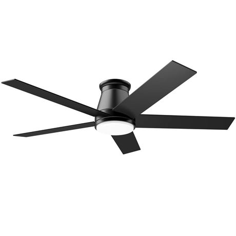 52" Flush Mount Ceiling Fan, Black Low Profile Ceiling Fan, 6 Speeds DC
