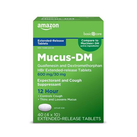 Amazon Basic Care Mucus Relief DM, 12 Hour Chest Congestion & Cough Relief,