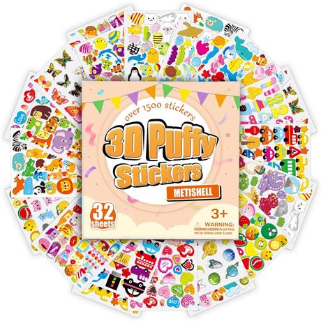 METISHELL 3D Puffy Stickers for Kids, Cute Animal Stickers Small Pack, Reward