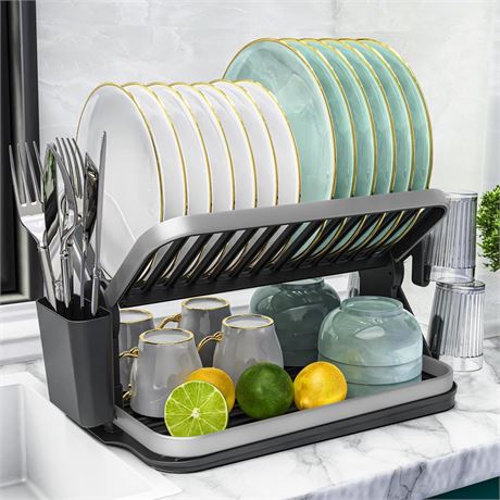 2-Tier Folding Dish Drying Rack for Countertop with Cutlery Organizer and Cup