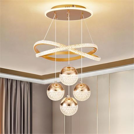 Modern Gold LED Chandeliers, 3-Color Dimmable Pendant Light for Kitchen Island,