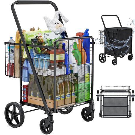 Folding Shopping Cart with Waterproof Bag, Grocery Cart with Encrypted Mesh