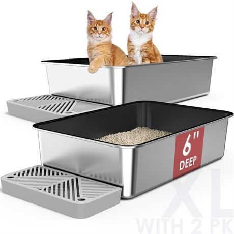 2 Pack 23.6"x 15.7"x 6" Non-Sticky Coated Stainless Steel Litter Boxes, XL