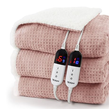 Heated Blanket Electric Blanket Queen Waffle, 84x90 Inches Dual Controllers