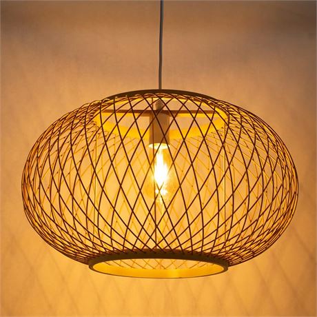 Bamboo Pendant Lights, Boho Chandelier Hand-Woven Oval Hanging Light Lampshade