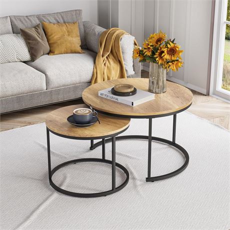 Nesting Coffee Table Set of 2, 27.6" Round Coffee Table Wood Grain Top with