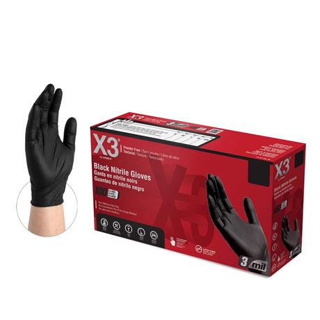 X3 Black Nitrile Disposable Industrial-Grade Gloves 3 Mil, Latex and