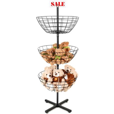 3-Tier Wire Floor Spinner Rack, 55 x 22 Inch Black Metal Basket Display Rack