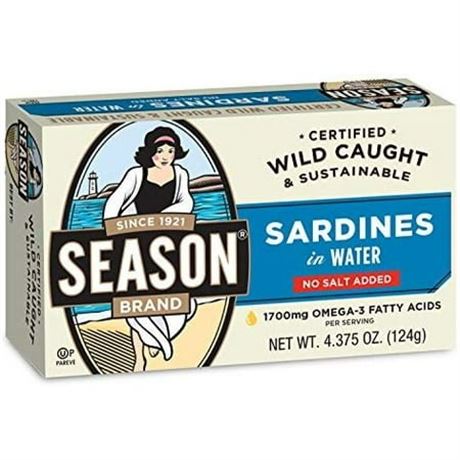 Season Sardines in Water  No Salt Added  4.375-Ounce Tins (Pack of 12)