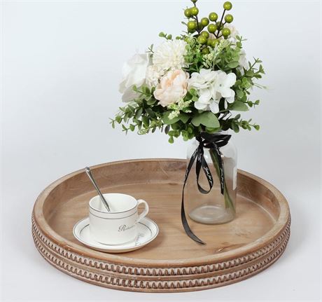 Carah & Cossh Round Wooden Serving Tray, Whitewashed Round Decorative Wood