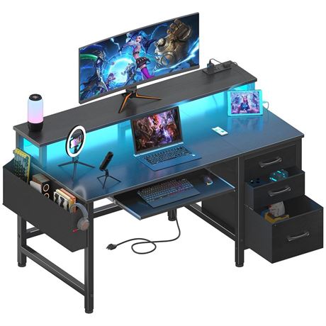 Lufeiya Gaming Desk with LED Lights and Power Outlets, 47 Inch Home Office