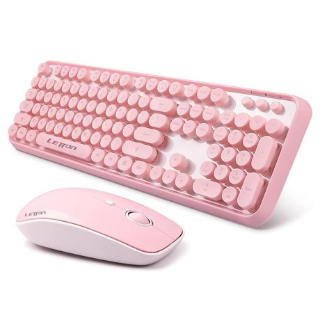 Pink Wireless Keyboard Mouse Combo, 2.4GHz Retro Typewriter, Letton Full Size
