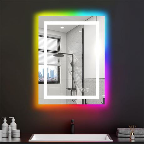 LED Bathroom Mirror,20"X28" RGB Backlit and Front Light Dimmable Wall Mirrors