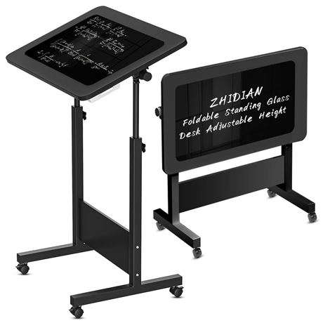 Mobile Standing Desk with Writing Glass, Small Foldable Adjustable Height Desk,