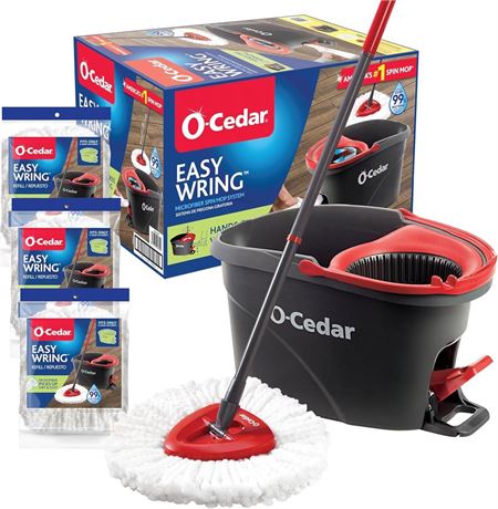 O-Cedar EasyWring Microfiber Spin Mop, Bucket Floor Cleaning System, Red, Gray,