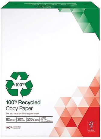 620016 100% Recycled Copy Paper 20 lb. 92-Bright, 8-1/2x11, 1000 ream