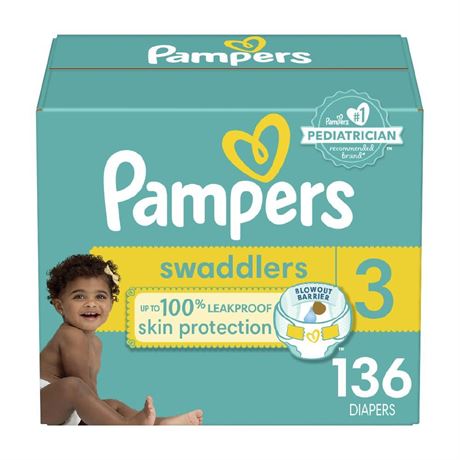 Pampers Swaddlers Diapers - Size 3, 136 Count, Ultra Soft Disposable Baby