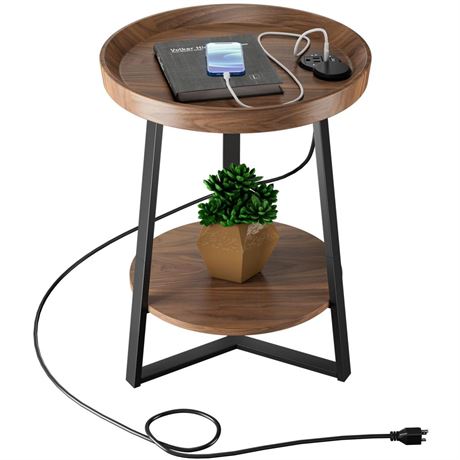 Gadroad Round End Table with Charging Station, USB Ports, Wood Tabletop & Black