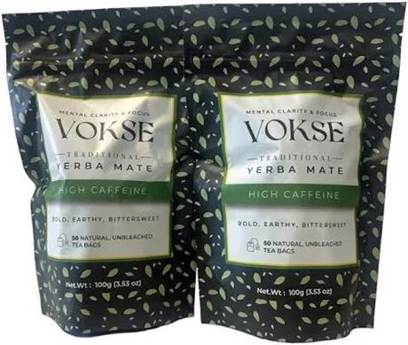 2-Bags Vokse Yerba Mate Unsmoked Natural Tea Bags 70mg Caffeine Coffee