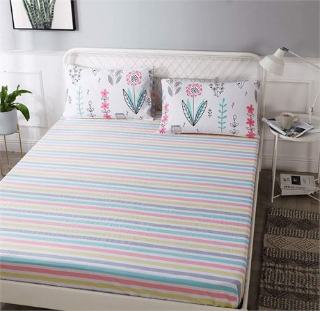 AMWAN Cotton Striped Fitted Sheet Queen Soft Deep Pocket Bedding Sheet Modern