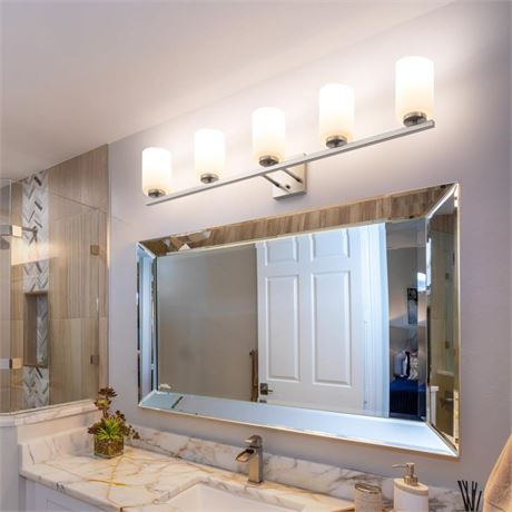 mirrea 42in 5-Light Modern Bathroom Vanity Light with Etched White Glass Shades