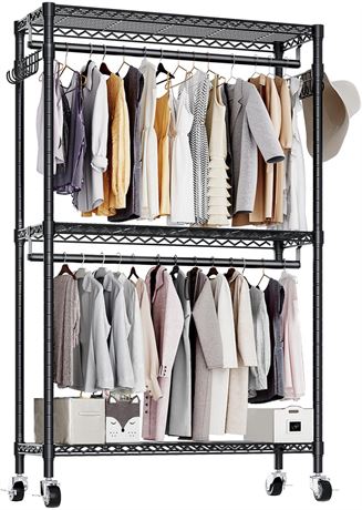 Heavy Duty Clothes Rack, 3 Tiers Garment Rack with 2 Hanging Rods and Side