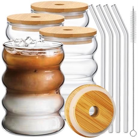 3 Pcs Drinking Glasses with Bamboo Lids and Glass Straw 14oz Glassware