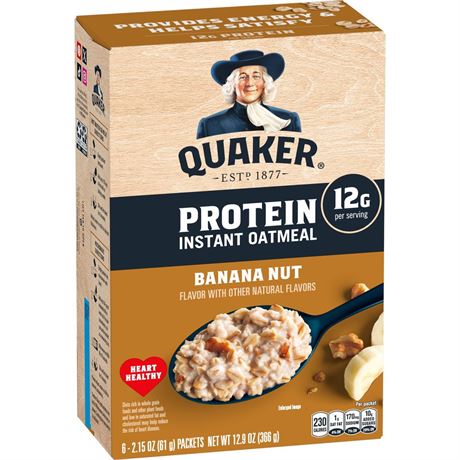 Quaker Protein Instant Oatmeal, Banana Nut, 12g Protein per Serving, Whole