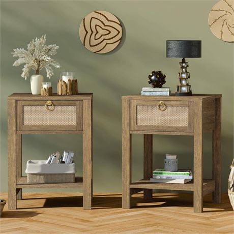 SICOTAS Nightstand Set of 2 - Rattan Decor Drawer with Brass Knobs Night Stand