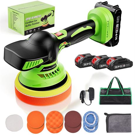 6 Inch 21V Cordless Car Buffer - Polisher Kit with 3 X 2.0 Batteries, Car Wax