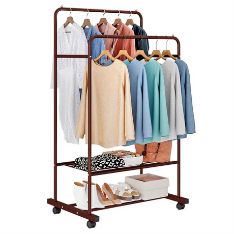 Untyo Clothing Rack with Wheels Double Rails Clothes Rack Rolling Rack for