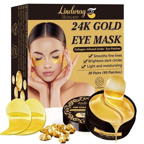 24k Gold Under Eye Patches, 60 Pcs Hydrogel Eye Mask Skincare with Collagen and