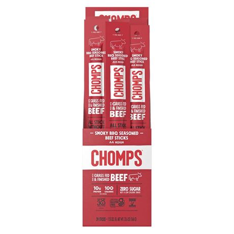 Chomps Grass-Fed and Finished Smoky BBQ Seasoned Beef Jerky 1.15 oz Snack
