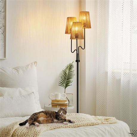 Boho Floor Lamp, 68in. Rattan Floor Lamp with Rattan Shade,3 Light Tree