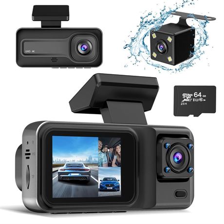 3 Channel 4K Dash Cam, Dash Camera for Cars with 64GB SD Card, 4K+1080P+1440P