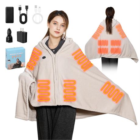 Cordless Heated Blanket with Hood, Rechargeable Wearable Heated Blanket Battery