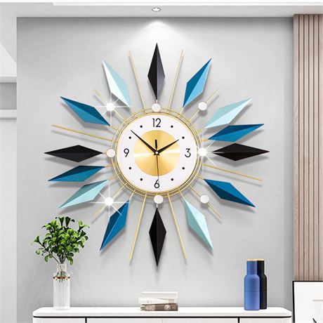 Large Starburst Wall Clock for Living Room Decor 23.6 Inch Blue Bling Metal