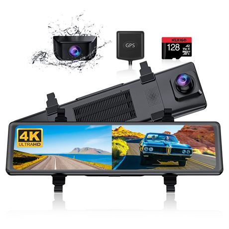 NexiGo D90 (Gen 2) True 4K Mirror Dash Cam with Dual Sony_Sensors, 12 Inch IPS