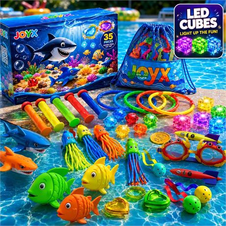 JoyX 35 Pcs Glow Pool Diving Toys w/ LED Cubes & Goggles – Fun Summer Swim