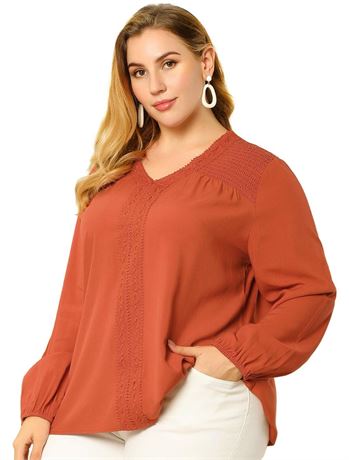 Agnes Orinda Women's Plus Size Lace Crochet Tops Puff Sleeve V Neck Bohemian