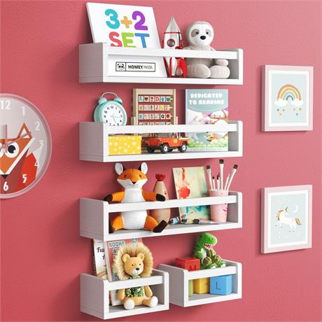 5-In-1 Floating Nursery Book Shelves For Wall: 3 Long & 2 Mini Shelves, White