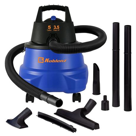 KOBLENZ 5 Gallon Wet/Dry Shop Vacuum with 3.5 Peak HP for Cars, Garage, Home or