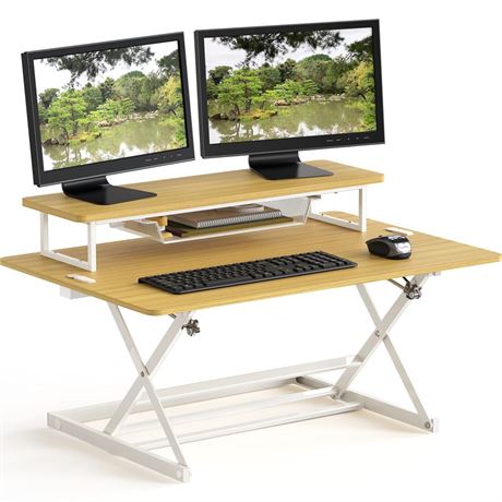 SHW 36-Inch Over Desk Height Adjustable Standing Desk with Monitor Riser, Oak