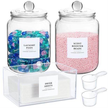 Glass Jars and Dryer Sheet Holder, Dispenser Set with Lids and Labels,