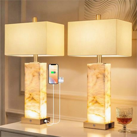 25.6" Alabaster Lamp, Marble Lamp Nightstand Lamps Set of 2, Modern Table Lamp
