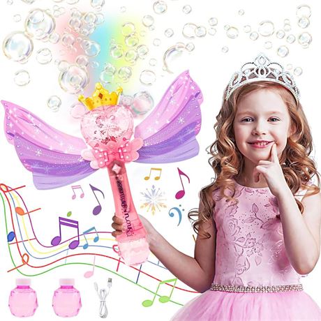 Bubble Wands for Kids Girls - Rechargeable Princess Light Up & Music Bubble